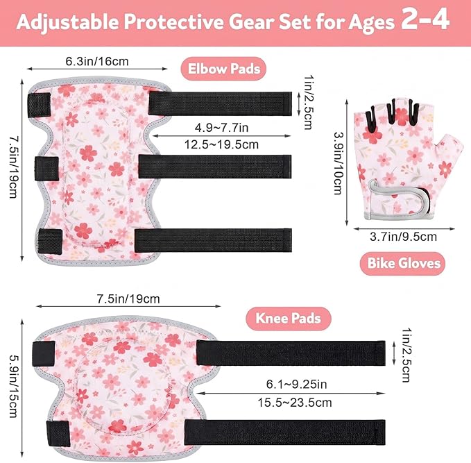 Soft Toddler Knee Pads and Elbow Pads Set with Bike Gloves, Non-Slip Toddler Knee Pads for Boys Girls 2-4 Years, Breathable Kids Protective Gear for Balance Bike, Scooter, Bicycle