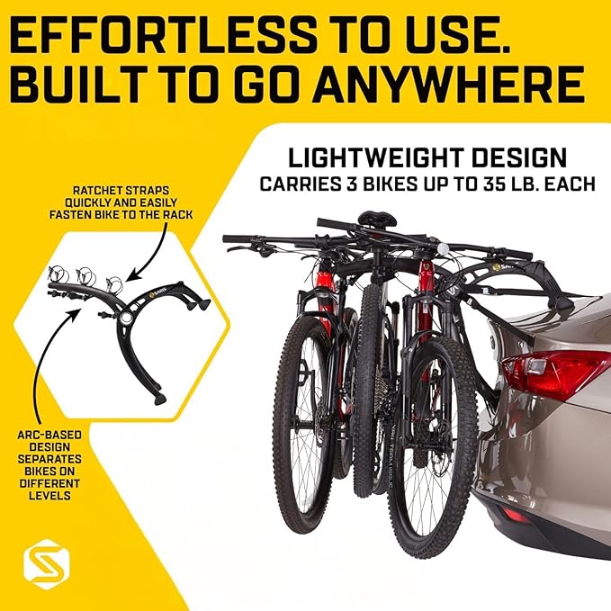 Saris Bones EX 3-Bike Trunk Rack Bicycle Carrier, Durable, Rust-Free, Anti-Sway Straps, Fits Most Vehicles, Made in USA, Arc-Based Design, 100% Recyclable Materials