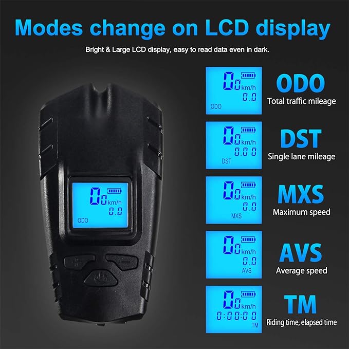 VLOXO Bike Speedometer with LED Bike Light, IP65 Waterproof Bicycle Odometer with Horn LED Front & Tail Light USB Rechargeable Bicycle Computer