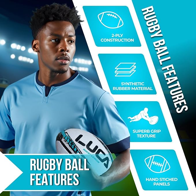 LUCA League Rugby Ball Size 4 & 5 | Hand Stitched, 3-Ply Durable Construction | Super Grip Texture | Training & Match Play Rugby Ball