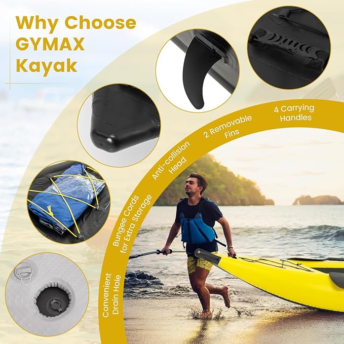 GYMAX Inflatable Kayak, 12.5Ft 507lbs Tandem Kayak with 2 Aluminum Paddles, 2 Padded Seats, Footrests, 2 Fins, Hand Pump, Carry Bag & Repair Kit, 2 Person Fishing Touring Kayak for Adults