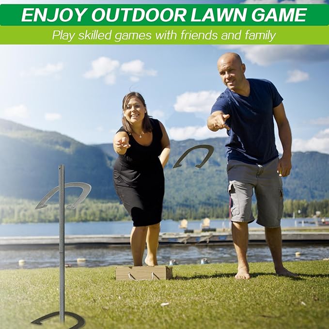 Horseshoes Outside Game - Steel Horseshoe Set - Yard Game Kit with 4 Heavy Duty Horseshoes, 2 Solid 24" Stakes & Carrying Bag - Classic Lawn Games for Adults, Backyard, Camping