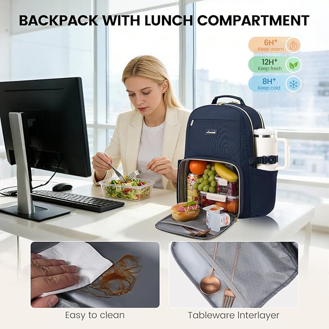 LOVEVOOK Lunch Backpack with Lunch Compartment,17 Inch Laptop Work Travel Insulated Cooler Backpack Purse, Waterproof College Teacher Lunch Bag Box with Tumbler Holder,Gifts for Men Women,Dark blue