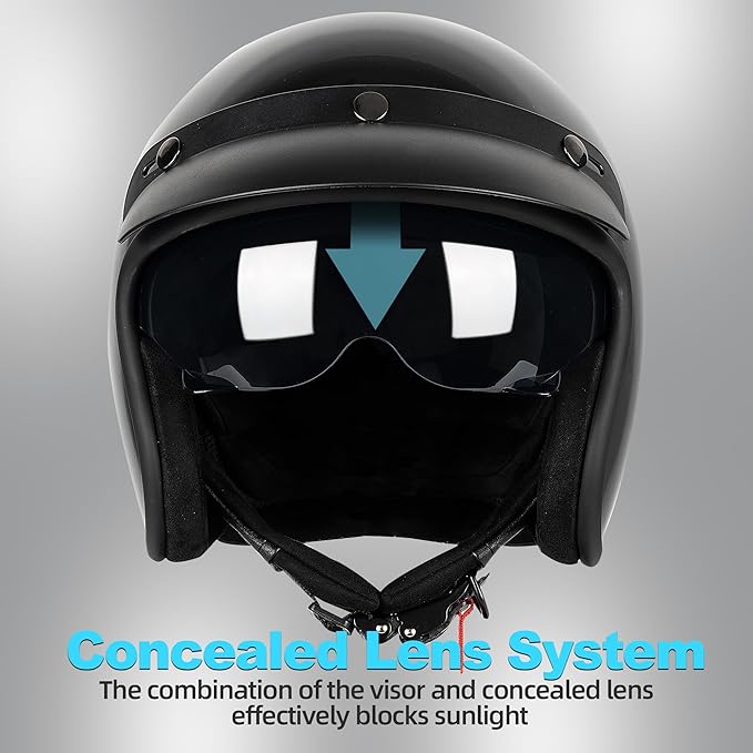 Yesmotor 3/4 Open Face Retro Motorcycle Helmet Vintage Helmet for Motorbike Casco, Moped, Cruiser, Bobber, and Chopper - DOT Approved(Light Black , XL)