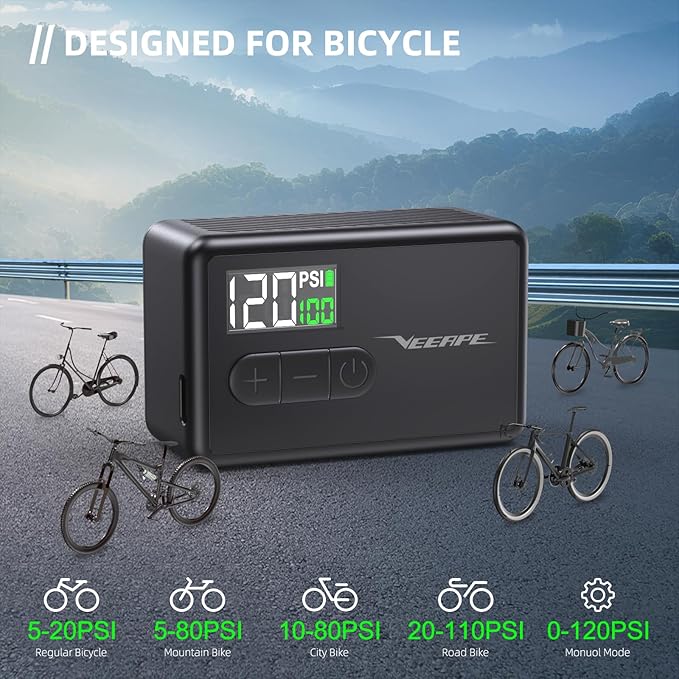 Tiny Pump Mini Bike Tire Pump - Max 120PSI Portable Electric Bicycle Pump with Fast Inflation Auto Stop - Bicycle Inflator with Presta and Schrader Valve for & Various Bicycles Balls E-Bikes