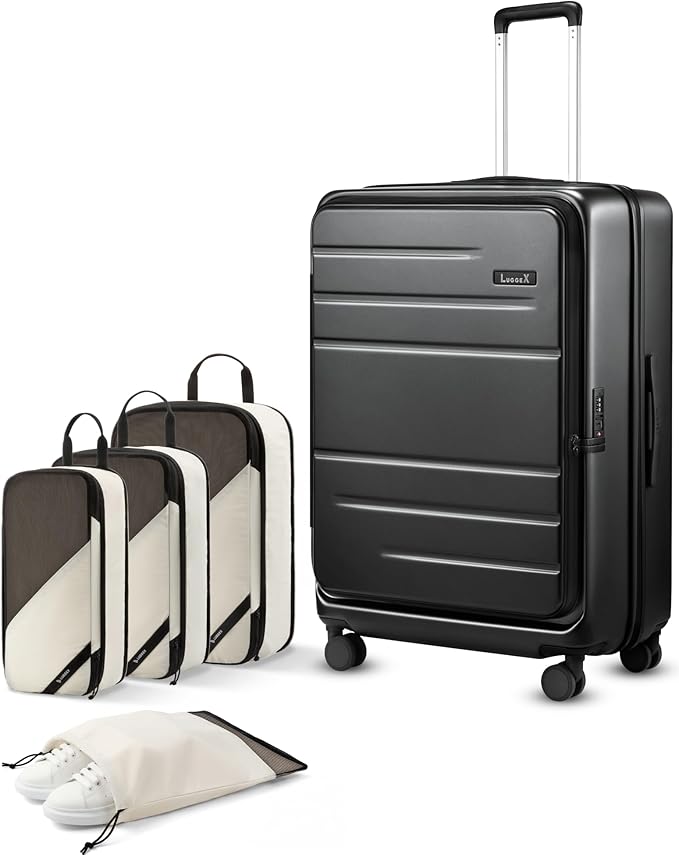 LUGGEX Checked Suitcase and Travel Packing Cubes Bundle – Travel Essentials (FX-Core, Black, 28 Inch)