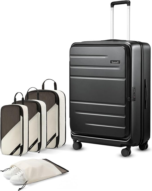 LUGGEX Checked Suitcase and Travel Packing Cubes Bundle – Travel Essentials (FX-Core, Black, 28 Inch)