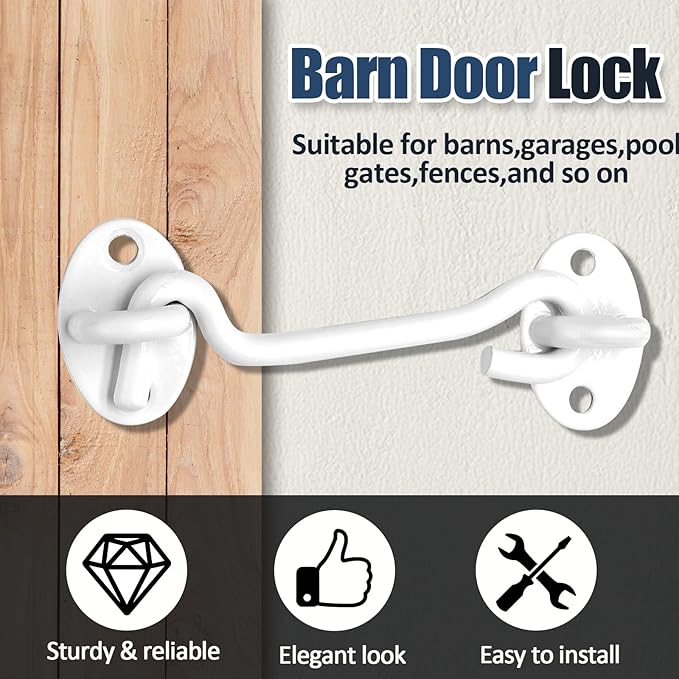 Biaungdo Heavy Duty Hook and Eye Latch, 4 Inch White Privacy Hook Barn Door Lock Easy Lock, Stainless Steel Gate Latch for Doors/Windows/Sheds/Gates/Fences/Closets/Cabinets, 1 Pack