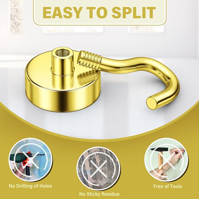 Magnetic Hooks, Heavy Duty Magnets with Hook, 30lbs Magnetic Hooks for Hanging Mugs, Magnetic Cruise Hooks for Cabins, Lock Accessories, Home, Classroom (Gold, Pack of 8)