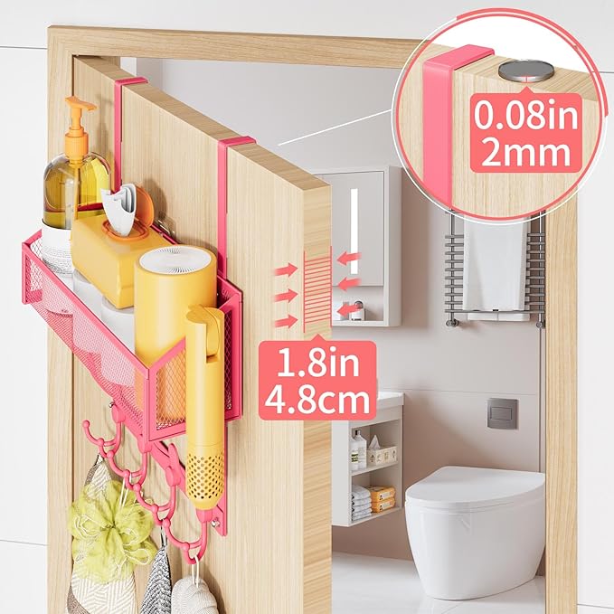 Over The Door Hooks Organizer, Coat Rack Over The Door Storage Hanger Towel Rack, Back of Door Storage Organizer for Bathroom,Bedroom,Kitchen,Office (Pink, 2-Tier)