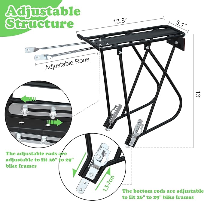 Bike Cargo Rack w/Bungee Cargo Net & Reflective Logo Universal Adjustable Bicycle Rear Luggage Touring Carrier Racks 55lbs Capacity Quick Release Mountain Road Bike Pannier Rack for 26"-29" Frames