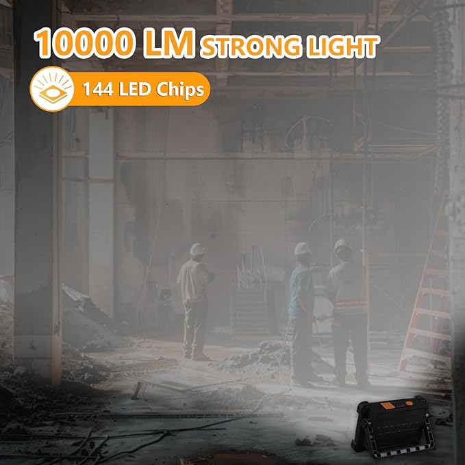 120W ソーラー充電式ワークライト、144LED ポータブル投光器スタンド付き、IP66防水 4モード LED 作業灯、メカニック、キャンプ、釣り、車の修理用懐中電灯（ブラック 1パック）