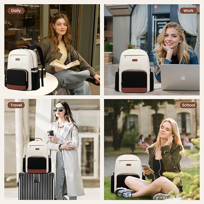 LOVEVOOK Laptop Backpack for Women with Pouch Pocket for Large Capacity Cup,15.6 Inch Laptop Computer Bag Travel Backpack Purse,Waterproof Work Business Backpack College Teacher Bags,Beige-Gray-Black