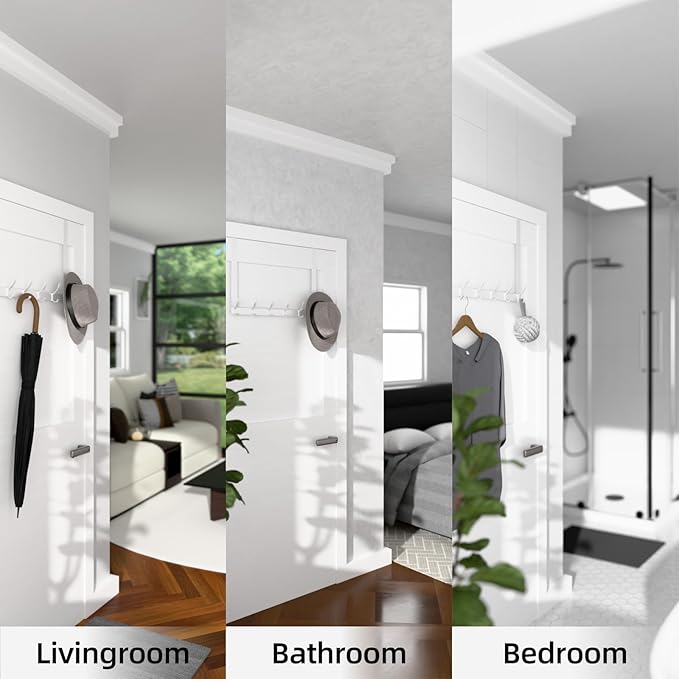 Over Door Hook Rack, White Over The Door Hanger,15 Inch Rail with 6 Hooks, Fits 1.75 Inch Doors（1Pack）
