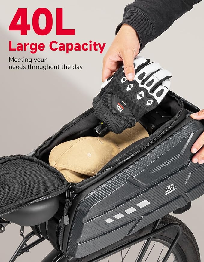 KEMIMOTO 40L E-Bike Battery Bike Bags for Rear Rack, EVA Hard Shell Bag with Reflective Strip and Waterproof cover, Ebike Trunk Bicycle Seat Pannier for Commuter Travel
