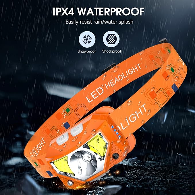 LHKNL ヘッドランプ懐中電灯、ルーメン超軽量高輝度LED充電式ヘッドライト、ホワイトレッドライト、2パック防水モーションセンサーヘッドランプ、アウトドアキャンプランニングフィッシング用8モード - オレンジ