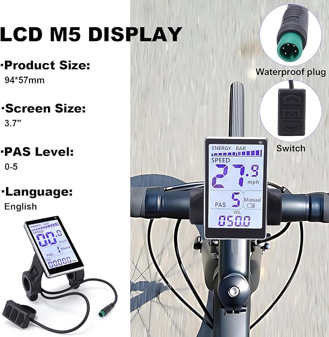 Bike Display LCD 5 Pin M5 Control Panel Bike Screen 24V 36V 48V 60V Universal Scooters Electric Meter Panel Bikes 22.2 31.8mm Handlebars Display to Enrich Cycling Journey (No. 2 Protocol)