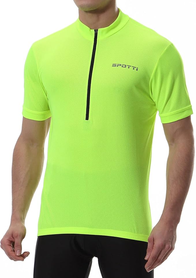 Spotti Men's Cycling Bike Jersey Short Sleeve with 3 Rear Pockets- Moisture Wicking, Breathable, Quick Dry Biking Shirt
