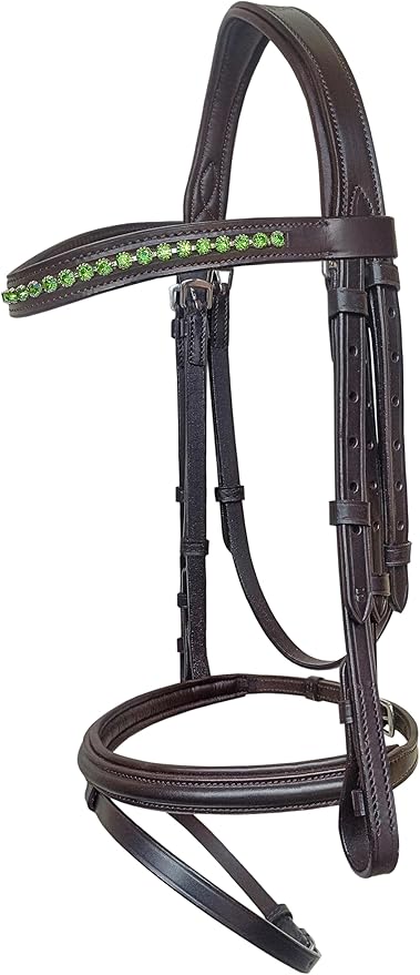 Equine Care Leather English Horse Bridle with Reins, Full Size, Choice of Browband Style, Padded Crown & Cavesson Noseband, Stainless Steel Hardware, Hunter Show Bridle.