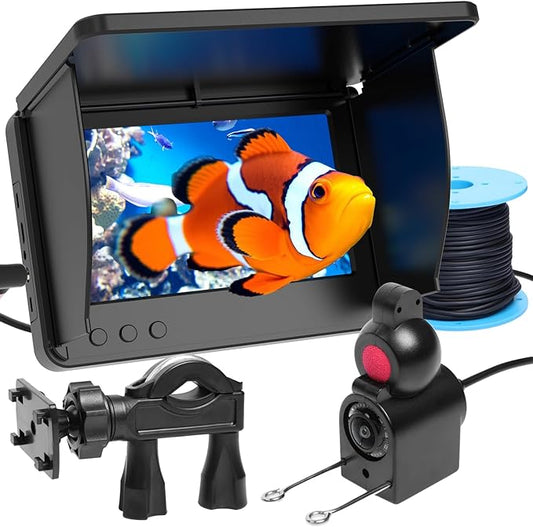 5インチIPSモニター付き水中釣りカメラ、1000TVL、178°広角、IP68防水、12個のIRナイトビジョン、98フィートケーブル、8000mAhバッテリー—氷上、湖、川、ボート用の魚群探知ビデオシステム
