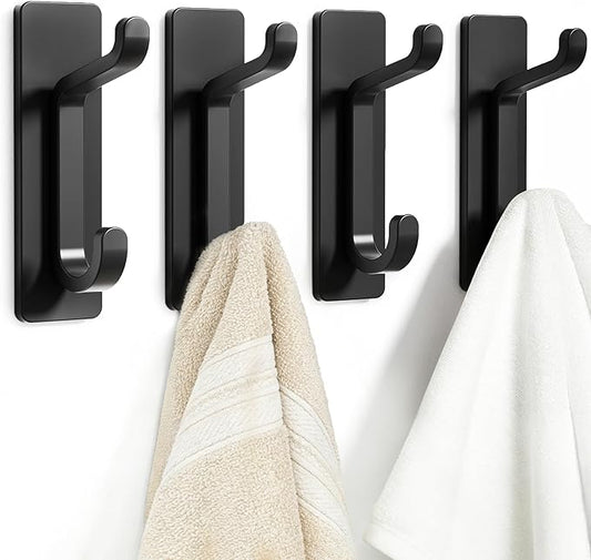 Self Adhesive Wall Hooks for Hanging: Extra Strong 13 LB, Hook for Coat, Towel in Bathrooms, Shower, Kitchen, Wall, Door Hook, Black 4 Pack