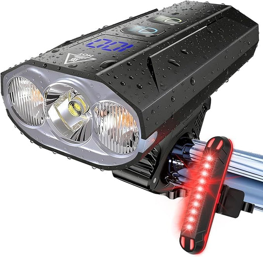 Bike Lights for Night Riding - 8000 Lumens Super Bright Bicycle Headlight Taillight, 5800mAh Rechargeable Bicycle Light with LCD Power Display, Waterproof 13 Modes Mountain Road Bike Light Set