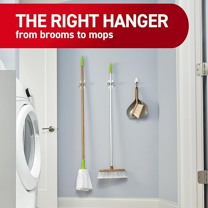 Command Broom Grippers, 2 Hangers and 4 Strips, Damage-Free Mop and Broom Holder Wall Mount, Household Cleaning Tool Organizer for Kitchen, Laundry Room, Closet, Holds up to 4 lb
