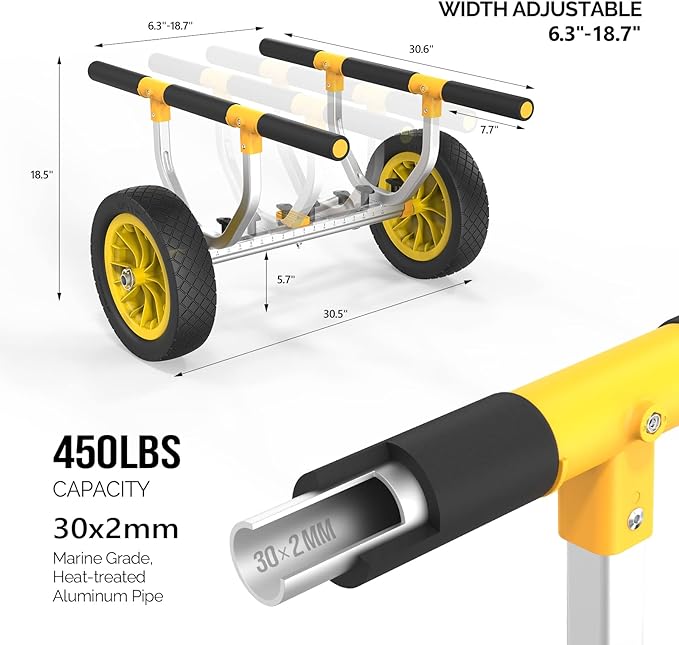 Bonnlo Kayak Cart, Heavy Duty Universal Kayak Trailer Adjustable Width 6.3"-18.7" Canoe Cart Dolly with 12" Flat-Free Kayak Wheels and Kickstand, 450 Lb Weight Capacity Kayak Trolley Transport