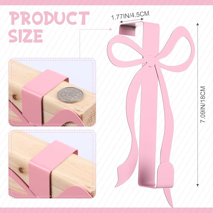 Chunful 2 Pack Bow Over The Door Hook, Metal Strong Door Hanger Hook Coquette Room Decor Bow Accessories for Cabinet Living Room Bathroom Bedroom Kitchen Hanging Clothes Towels Hats Coats Bags (Pink)