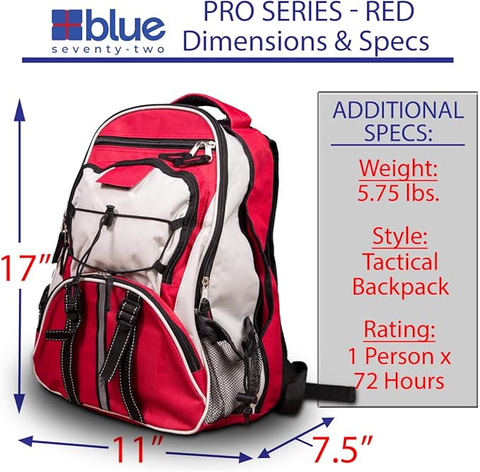Blue Seventy-Two - Pro Series - Red Deluxe 72 Hour Emergency Backpack Survival Kit for 1 Person | Survival Kits for Emergencies (Includes Water Tablets)