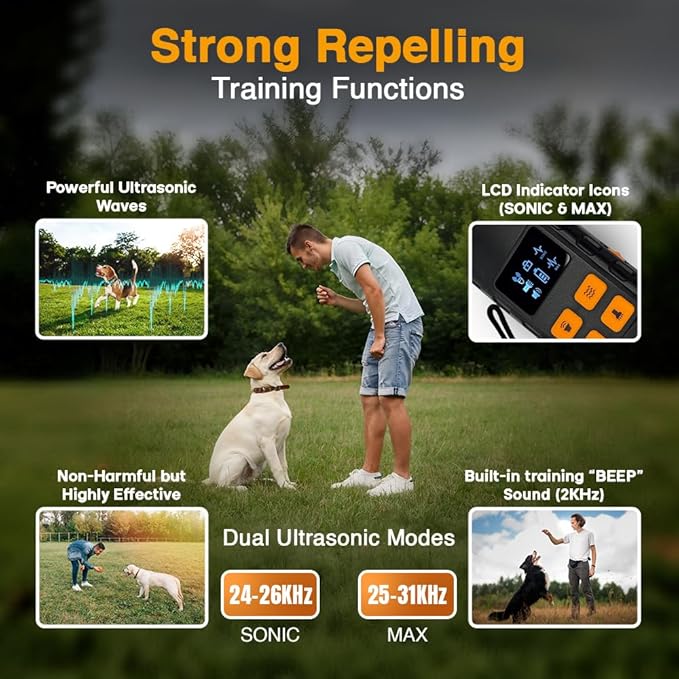 Superious Dog Bark Deterrent Device 4-in-1 Ultrasonic Anti Barking Control, 3X Ultrasonic Power, 6 Training Modes, 60FT Range, Indoor Outdoor, Rechargeable, IPX6 Waterproof, Compact with Flashlight