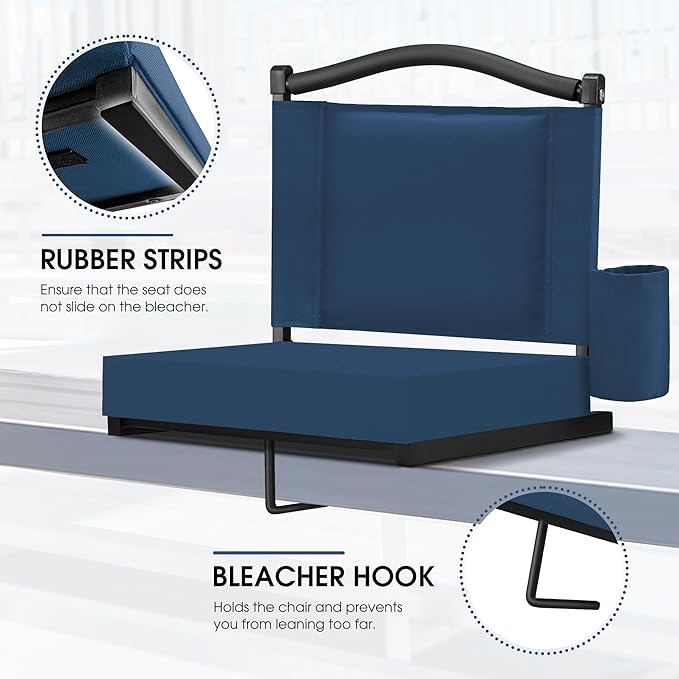 Fragess Bleacher seat, Stadium Seats with Back Support and Thick Cushion, Bleacher Chairs with Shoulder Strap and Side Pocket, Stadium Seat for Bleachers, Perfect for Sports Events(Navy Blue)