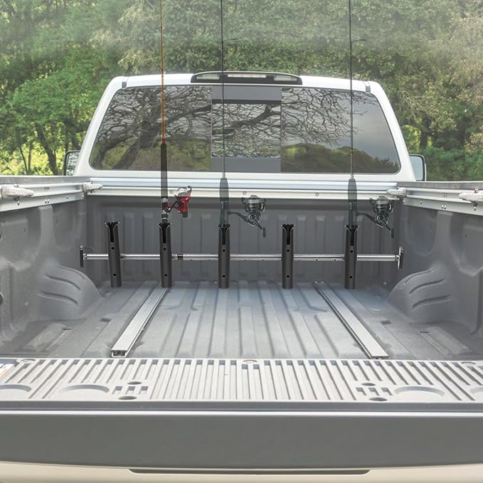 Inshore Rod Holder for Truck Bed, Fixed Truck Bed Fishing Rod Rack, Adjustable Rod Holder for Truck & SUV, Gifts Ideas for Men (Steel Body with Plastic Rod Bracket-Tension Rod, 5 Rod Holder)