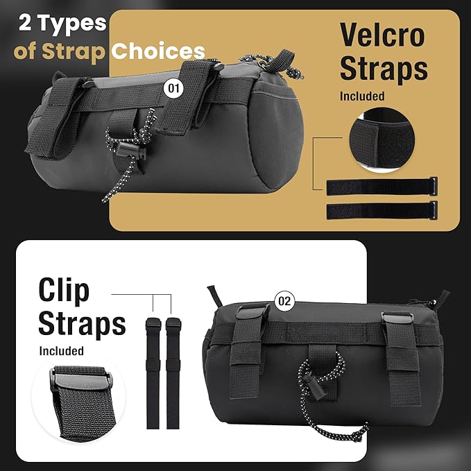 Lumiere & Co. Bike Handlebar Bag - Durable, Multiple Size and Color Options - Dual Elastic Straps, Clips & Hook-and-Loop for Customizable Fit (Black, Medium)