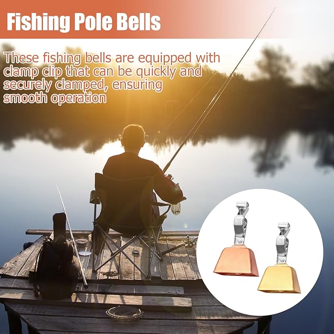Biaungdo 20 Pcs Fishing Bells for Rods, Fishing Pole Catfish Bells with Clamp Clip on Poles, Metal Catfishing Equipment Rings Ice Accessories for Angling Rod Tips