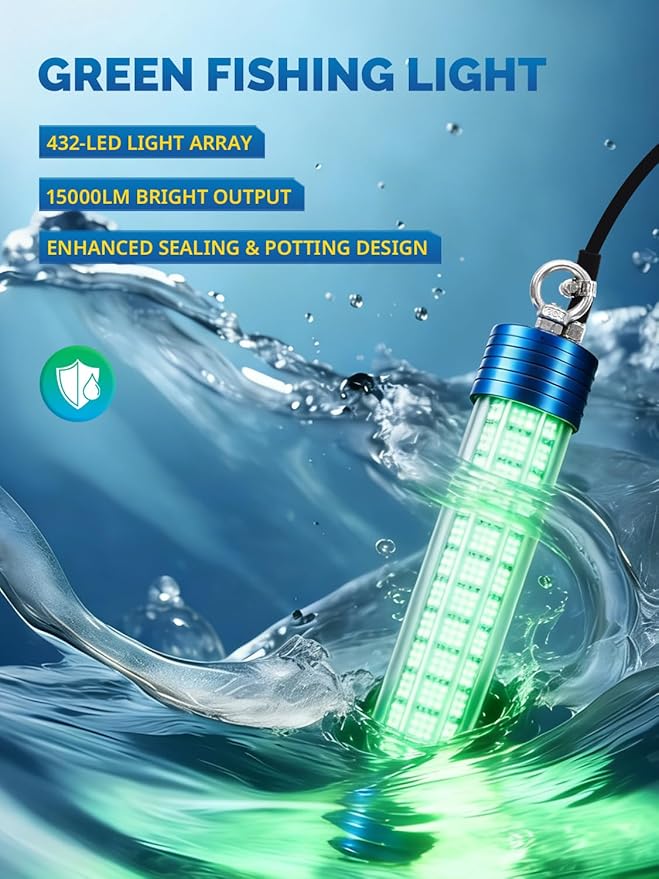 15000LM Green Underwater Fishing Light, 200W 110V Safety Plug with 100ft Cable, IP68 Submersible Light Attractants for Night Fishing, Dock, Boat or Kayak