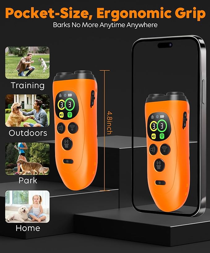 Dog Bark Deterrent Device,3X Ultrasonic Anti Barking with Color LCD Screen,7 Training Modes 35 FT Range Correct Bad Behavior Indoors Outdoors,Safe & Humane Rechargeable Bark Control for Dogs