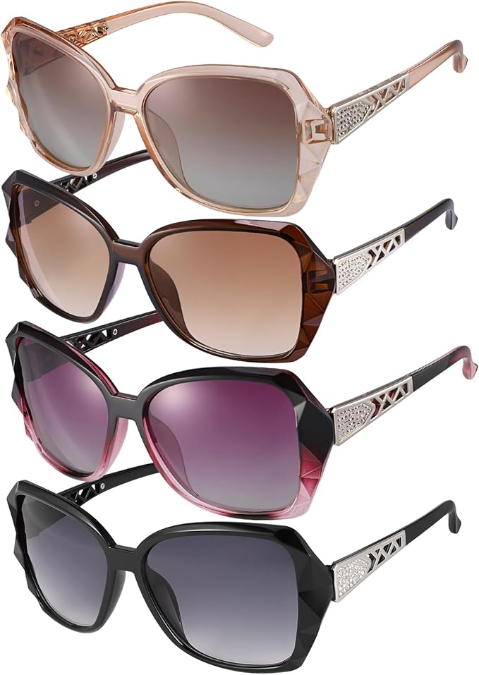 DragonflyDreams 4 Pcs Women Large Sunglasses, UV 400 Glasses Oversized Classic Trend Ladies Sunglasses Sparkling Large Frame