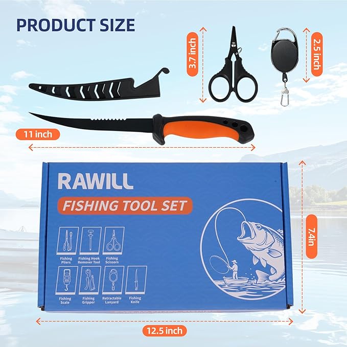 RAWILL Fishing Kit,Filleting Knife,Hook Remover,Fish Grip, Line Cutter,Fishing Scale, Pliers with Lanyards,Not Include Batteries