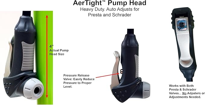 AerGun X-1000 Bike Pump – Unique AerTight Pump Head for Easiest use with Both Presta and Schrader Bicycle Pump Valves – Pressure Gauge – 160 PSI