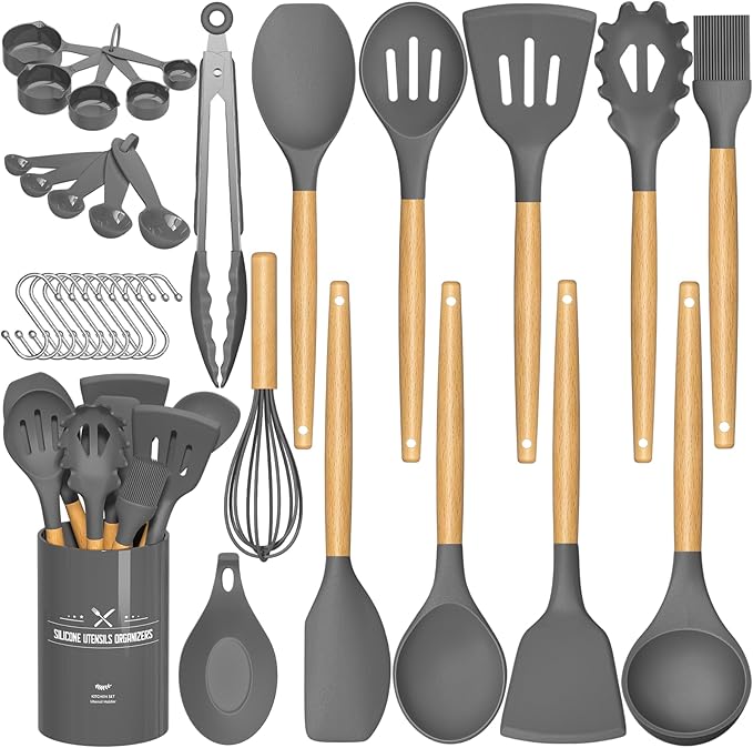Umite Chef キッチン調理器具33点セット、ノンスティックシリコンヘラセット、ホルダー付き、木製ハンドル、耐熱調理器具（グレー）