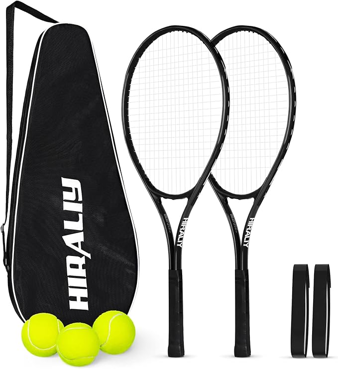HIRALIY テニスラケット 大人初心者用2本セット - 27インチ 軽量アルミテニスラケットセット ボール3個＆キャリーバッグ付き - 振動吸収性＆ワイドスイートスポット 男女兼用 カップル向け