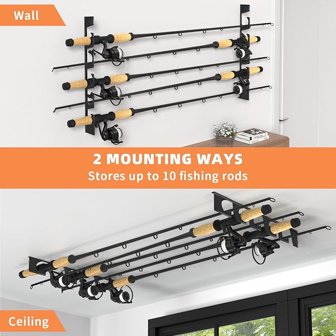 Fishing Rod Pole Holders, Wall or Ceiling Mounted Metal Fish Rod Rack with Protective Layers, 2 Set Horizontal Fishing Pole Storage Organizer Holds Up to 10 Rods, Fishing Gifts for Men, Black