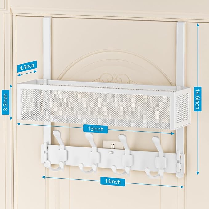 Over The Door Hooks Organizer, Over The Door Coat Rack with 12 Coat Hooks, Door Hanger Towel Rack, Back of Door Storage for Bedroom, Kitchen, Bathroom(White)