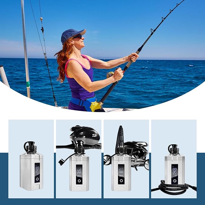 Super Mini Electric Fishing Reel Battery. Latest Model with Digital LED Display. Compatible with Daiwa & Shimano Electric reels.