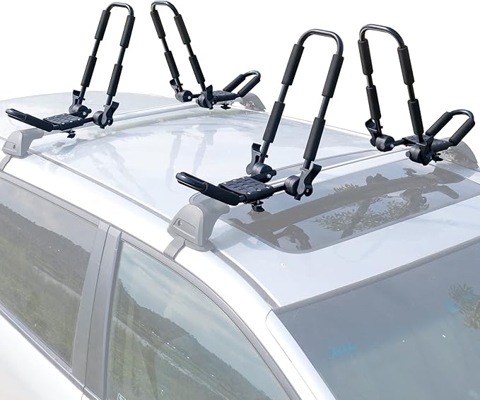 Leader Accessories Folding Kayak Rack 4 PCS/Set J Bar Car Roof Rack for Canoe Surf Board SUP On Roof Top Mount on SUV, Car and Truck Crossbar with 4 pcs Tie Down Straps - Smaller