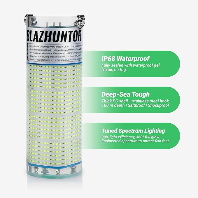 充電式水中集魚灯、水中で自動点灯、複数色対応、最大16000ルーメン、IP68防水、外部電源不要、コードレス、夜釣り・ボート釣り・桟橋釣り・氷上釣り対応