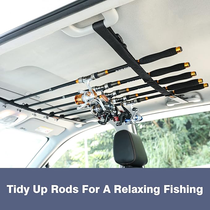 2 Pack Vehicle Fishing Rod Holder - Fishing Pole Car Rack 5 Rods Capacity, Adjustable 30 to 54 Inches Horizontal Roof Storage Carrier Belt for SUV, Truck and Van, Black