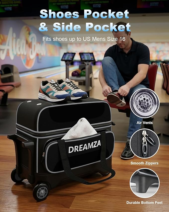 2 Ball Bowling Bag with Wheels, Double Bowling Ball Bag 2 Ball Roller w/Separate Compartment for Shoes Up to US Mens Size 16, w/Retractable Handle Extends to 40" & Accessories Pocket