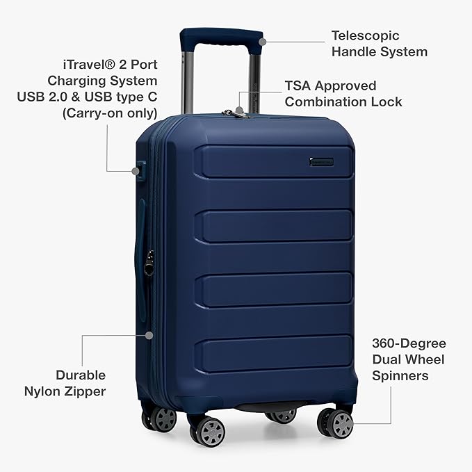 Traveler's Choice Pagosa ハードシェル拡張可能荷物 スピナーホイール付き、ネイビー、22インチ機内持ち込み
